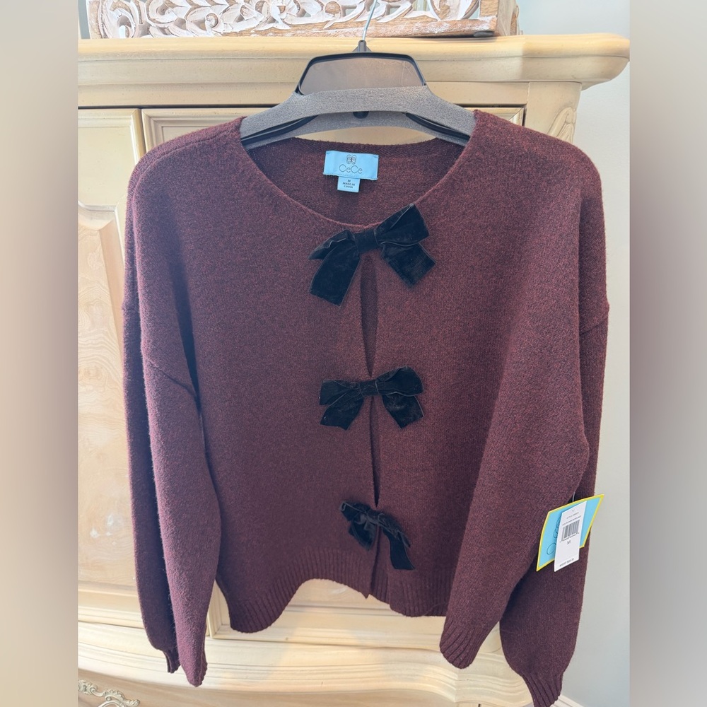 CeCe Burgundy Cardigan with Black Velvet Bows